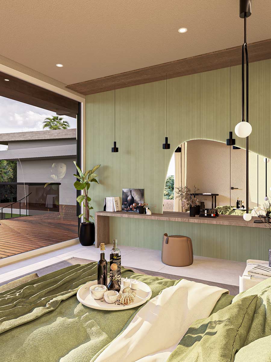 A stylish bedroom showcasing a green bed, decorative green ceramic walls, and an inviting view of the outside landscape.