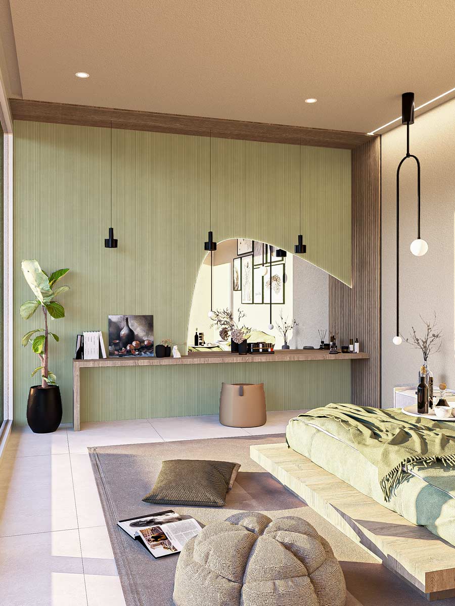 A bedroom featuring a green bed, green ceramic wall accents, and a view of the outdoors through a window.