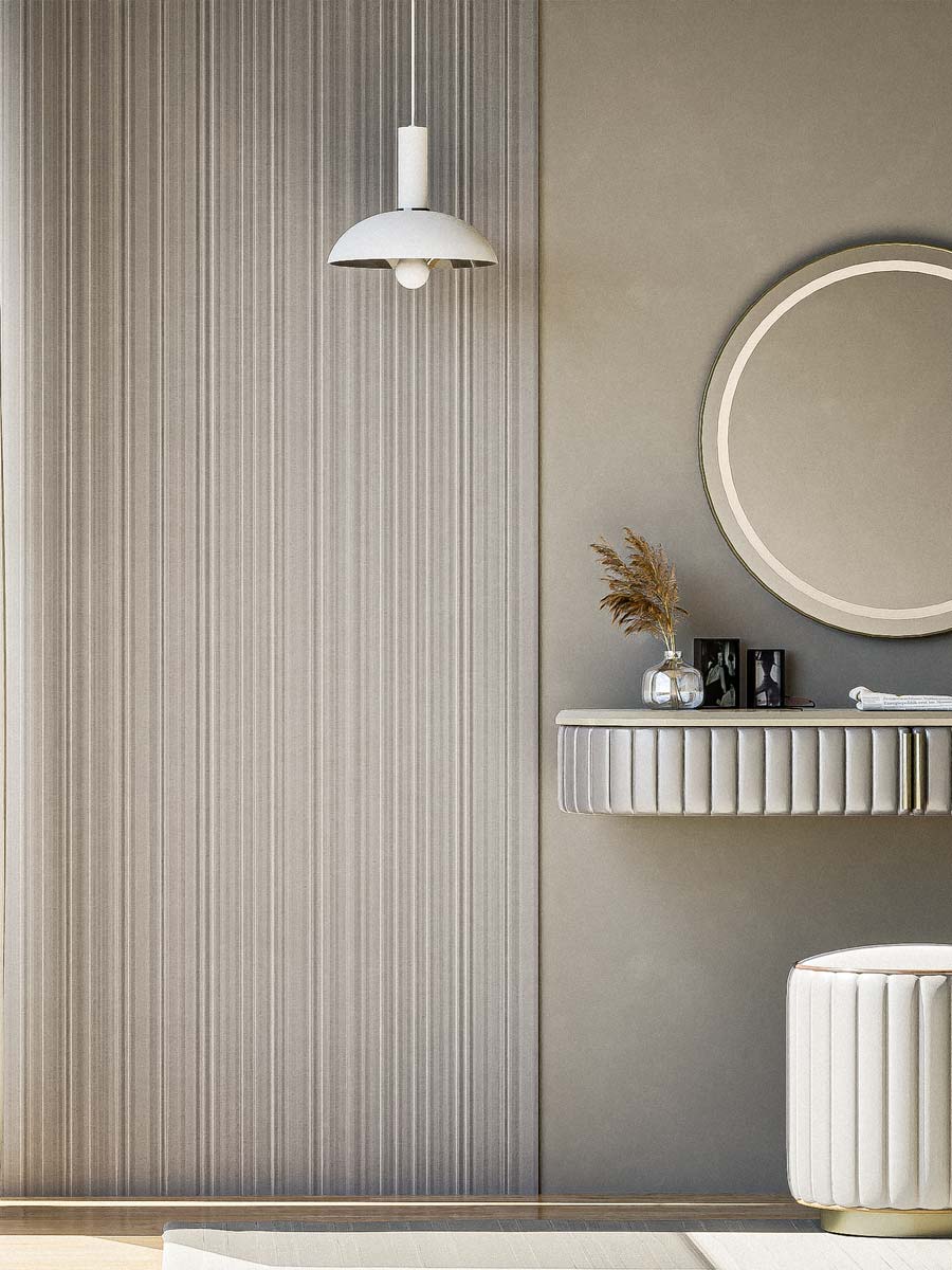 A modern bedroom featuring an ivory ceramic vanity, a mirror, and a stool, creating a sleek and stylish atmosphere.