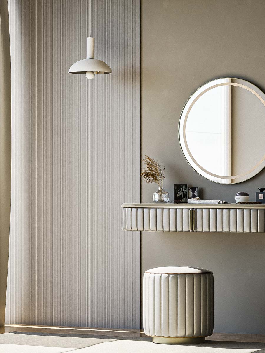 Modern bedroom scene displaying an ivory ceramic vanity, a mirror, and a stool, emphasizing a minimalist aesthetic.