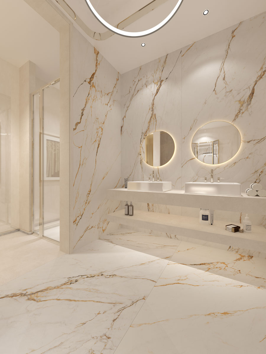 A stylish bathroom showcasing polished marble floors and a sleek marble vanity.
