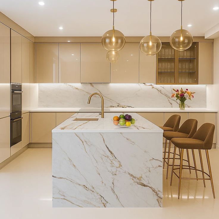 large-format porcelain slab in stylish contemporary kitchen