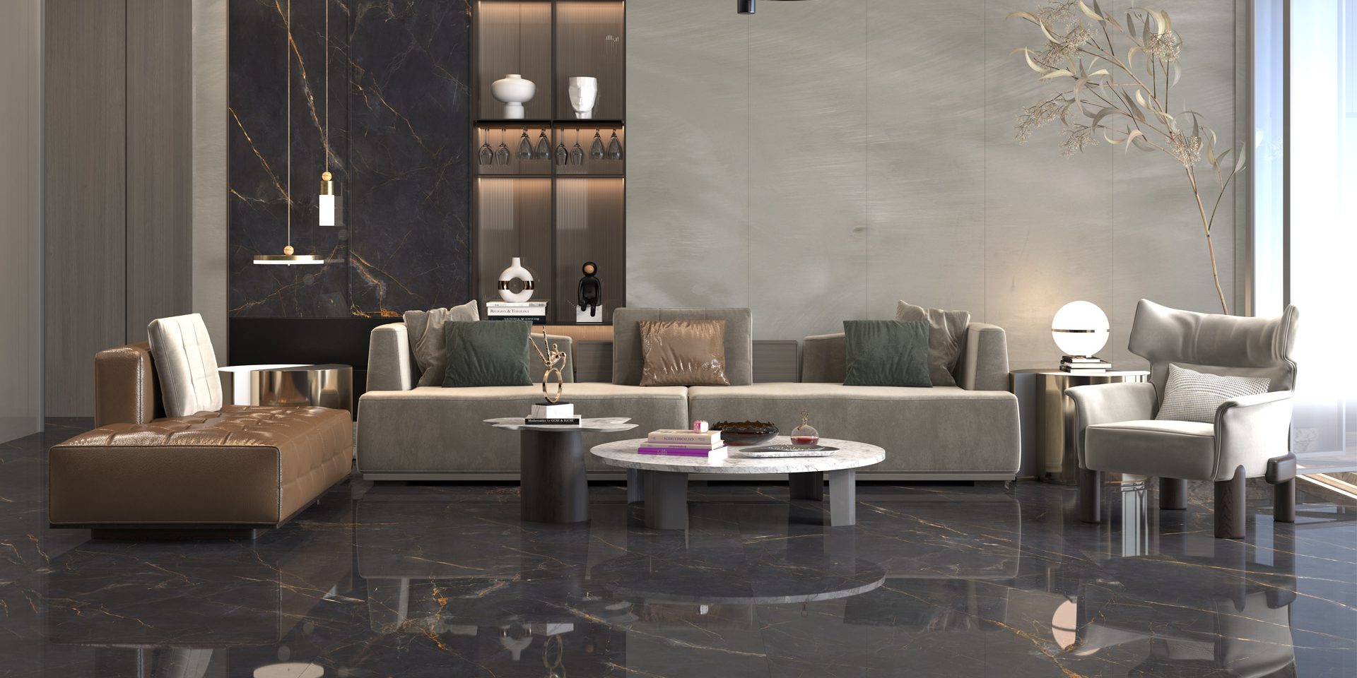 Luxurious interior design with dark porcelain slab flooring featuring golden veins, modern furniture, and a symmetrical arrangement.